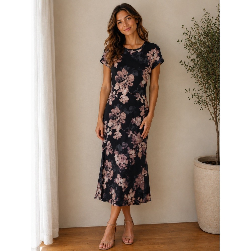 Rachel Zoe Black Mauve Floral Mesh Midi Dress Short Sleeve Crew Neck Small
